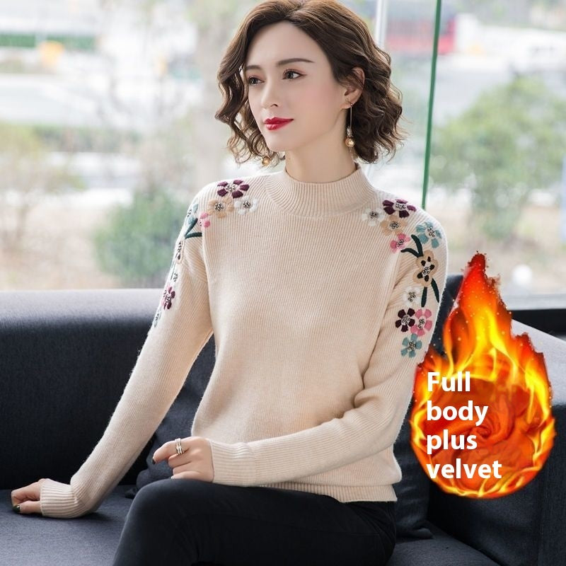 Popular Embroidery Women's New Loose High Collar Bottoming Shirt