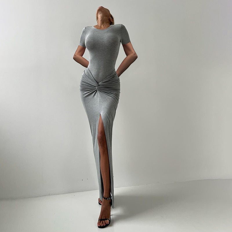 Women's Solid Color Sexy Slim Hip Round-neck High Waist Fold Split Dress