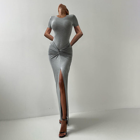 Women's Solid Color Sexy Slim Hip Round-neck High Waist Fold Split Dress