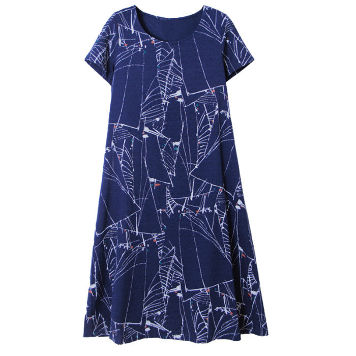 Round Neck Short Sleeve Printed Midi Skirt