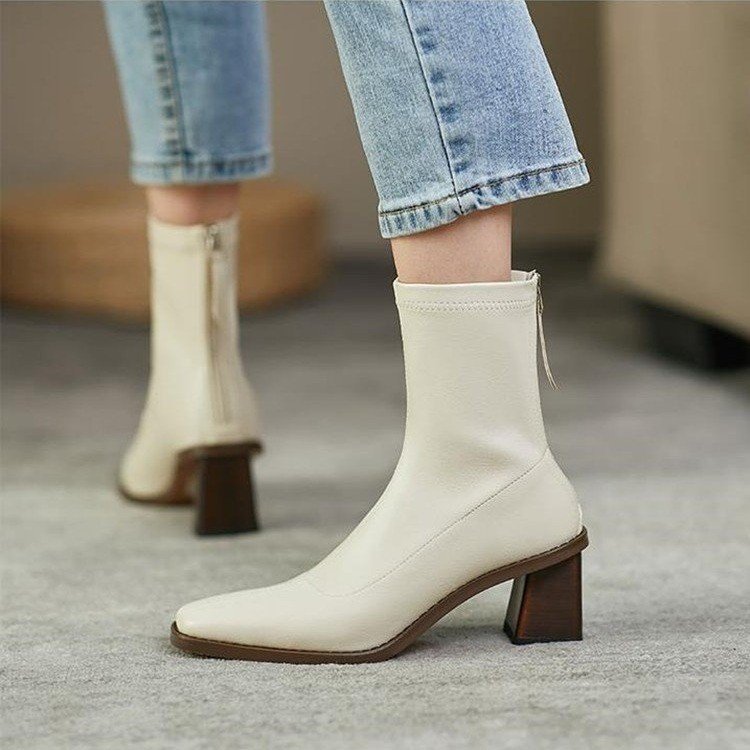 European And American Internet Hot Skinny Boots Autumn New European And American Ins Square Toe Back Zipper Chunky Heel Boots High Heel Large Size Boots