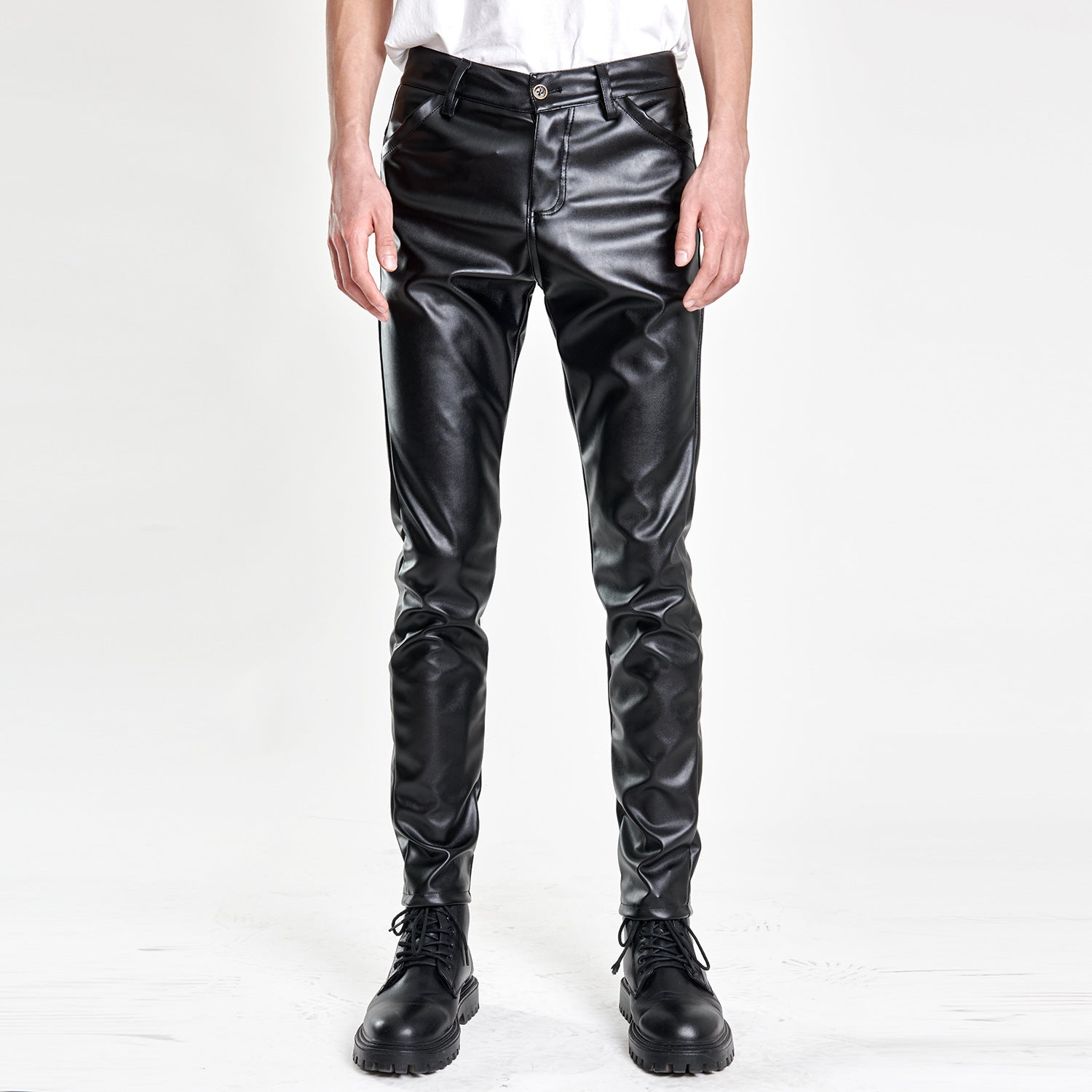 Men's Stretch Slim Fit Popular Green Bar Orange Orange Breathable Leather Pants