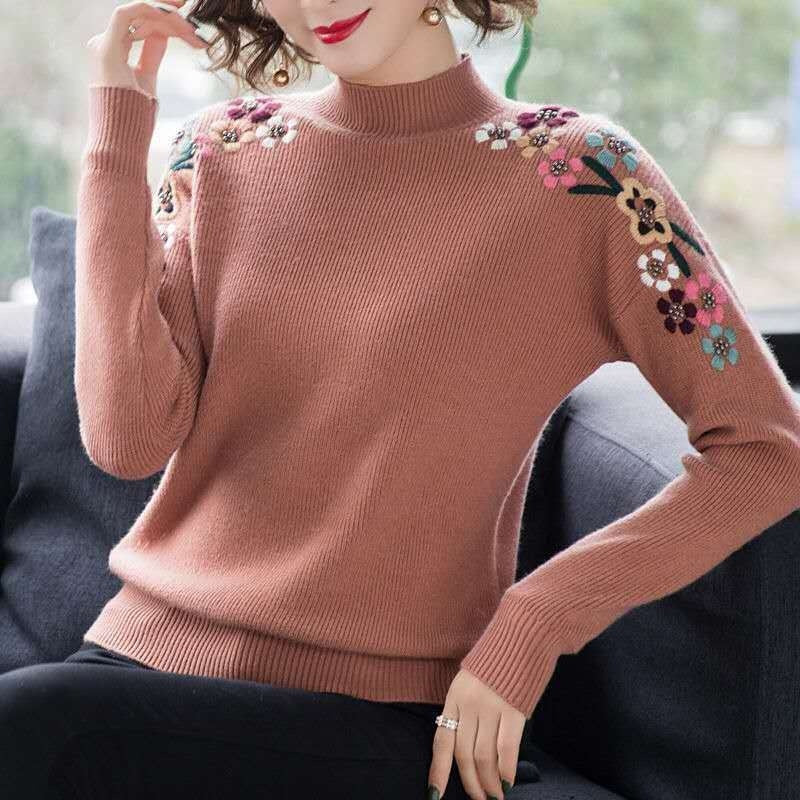 Popular Embroidery Women's New Loose High Collar Bottoming Shirt