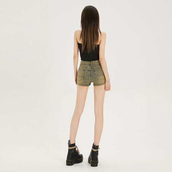 Mud Yellow Stretch Denim Shorts For Women