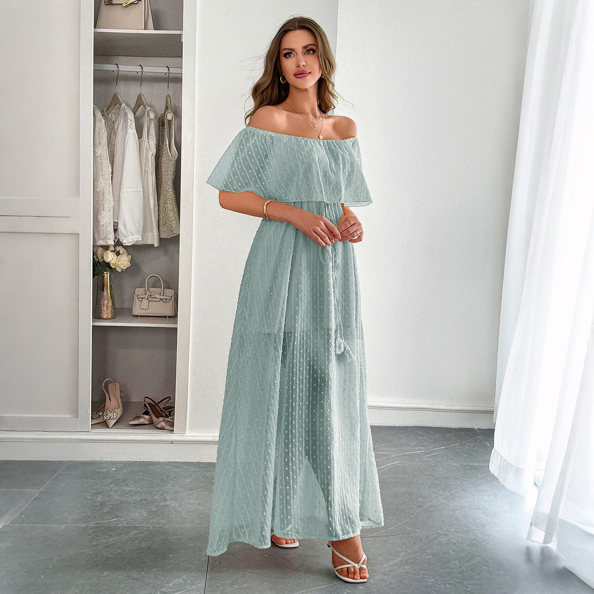 European And American Leisure Simple Style Off-the-shoulder Semi-transparent Slim Fit Dress
