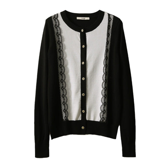 Slimming Lace Patchwork Round Neck Knitted Cardigan Sweater