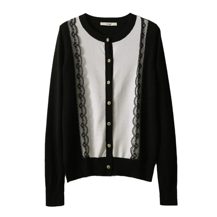 Slimming Lace Patchwork Round Neck Knitted Cardigan Sweater