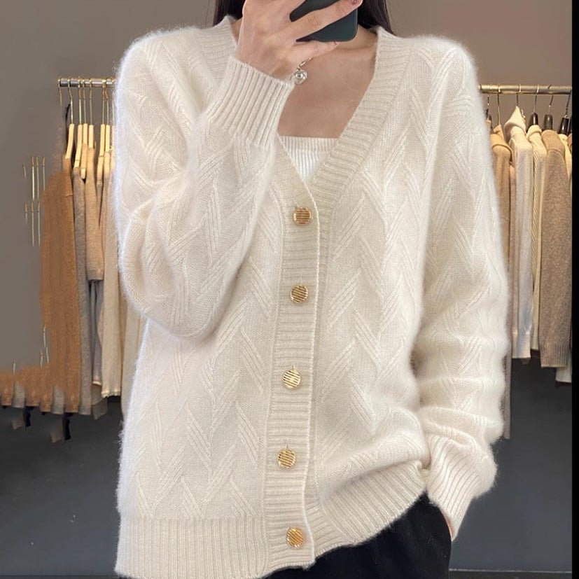 Knitted Wool Cardigan Women's V-neck Solid Color Baggy Coat