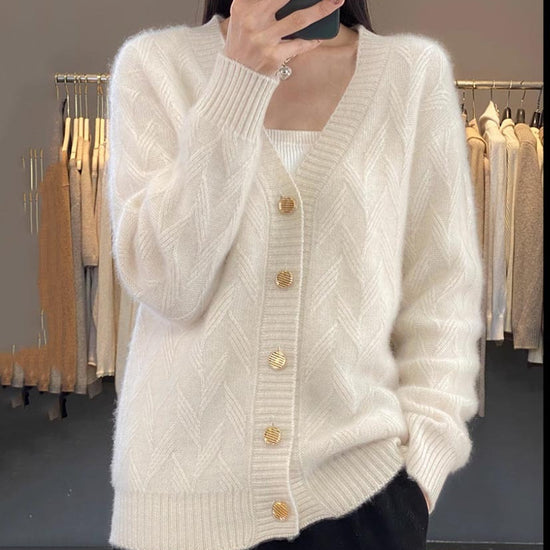 Knitted Wool Cardigan Women's V-neck Solid Color Baggy Coat