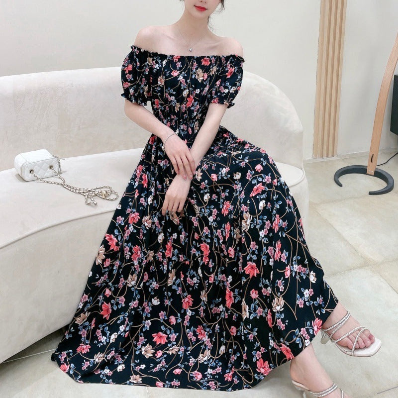 Cotton Silk Floral Korean Style Ladies Elegant Slim-fit Dress