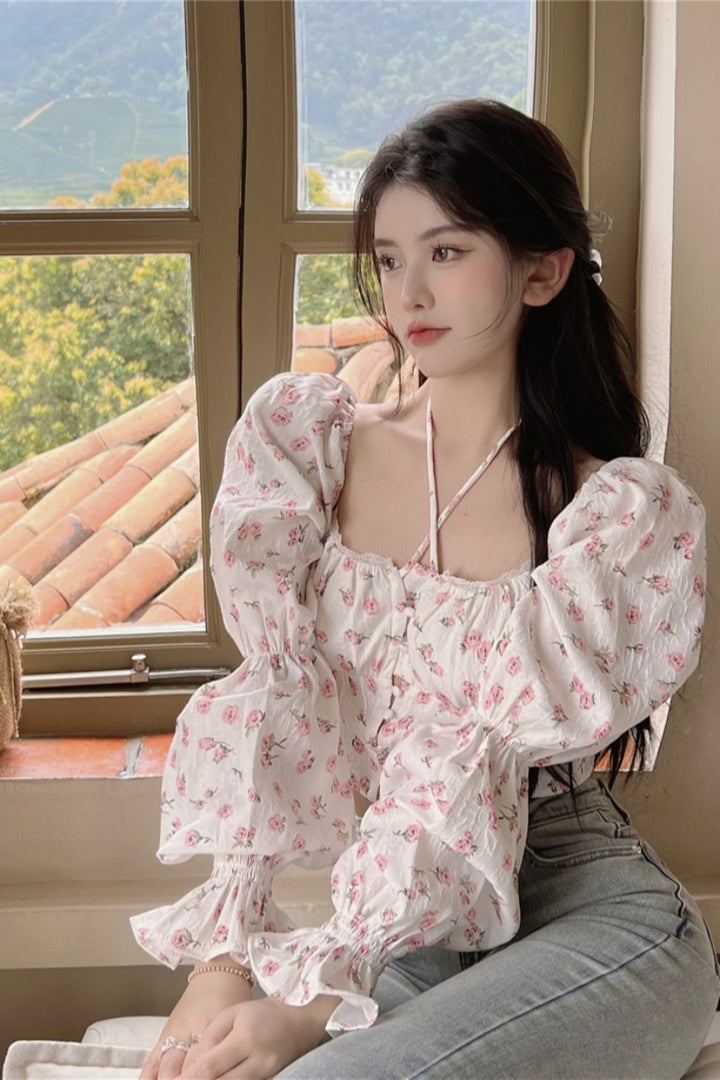Women's Summer Short White Floral Square Collar Shirt