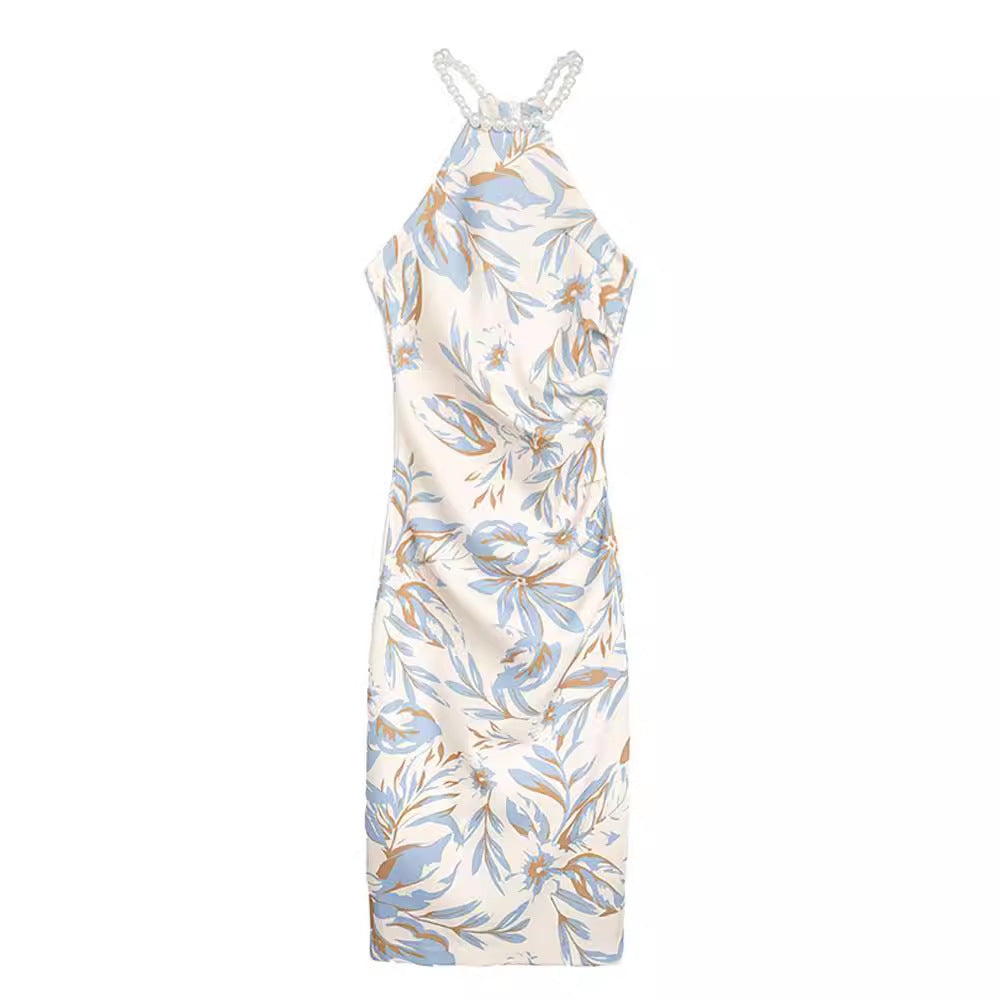 Women's Split Waist Fitted Floral Sleeveless Pearl Halter Dress