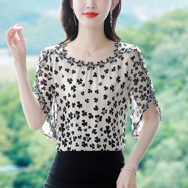 Embroidery Floral Shirt Fashion Chiffon Short Sleeve