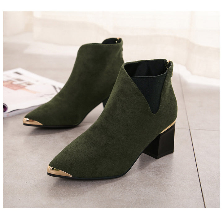 Women's New Fashion Metal Pointed Toe Mid-heel Short Boots Thick With Nude Boots In Stock