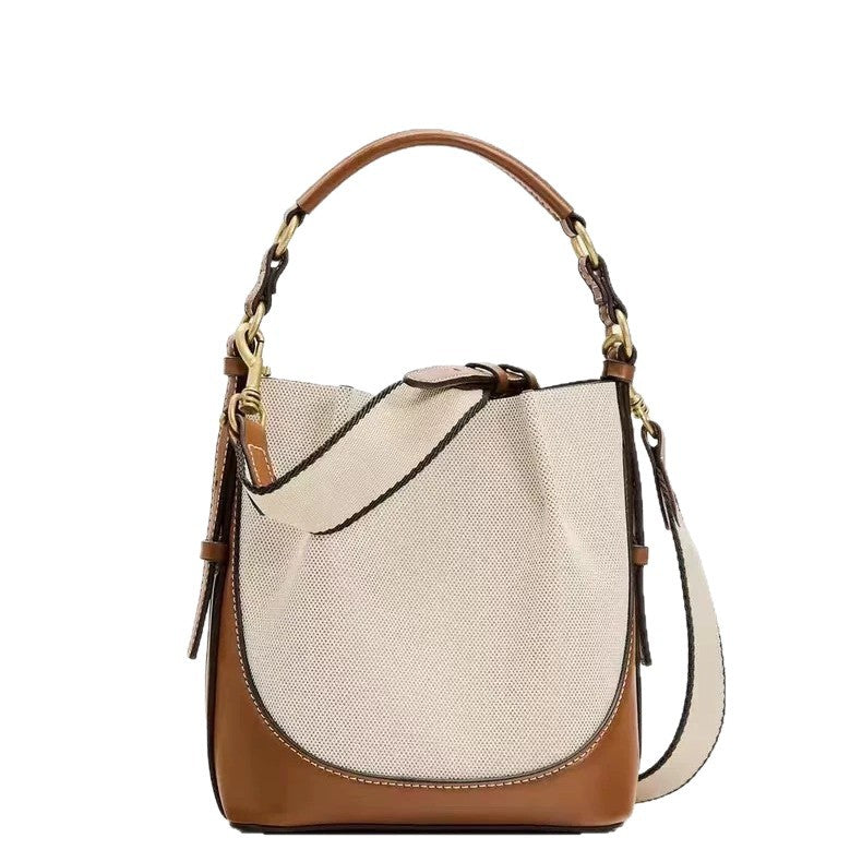 Fashion Drawstring Canvas Contrast Color Casual One-shoulder Bucket Bag