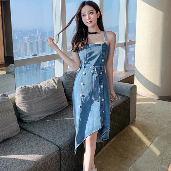 Denim Sling Dress French Vintage Irregular Pearl Buckle
