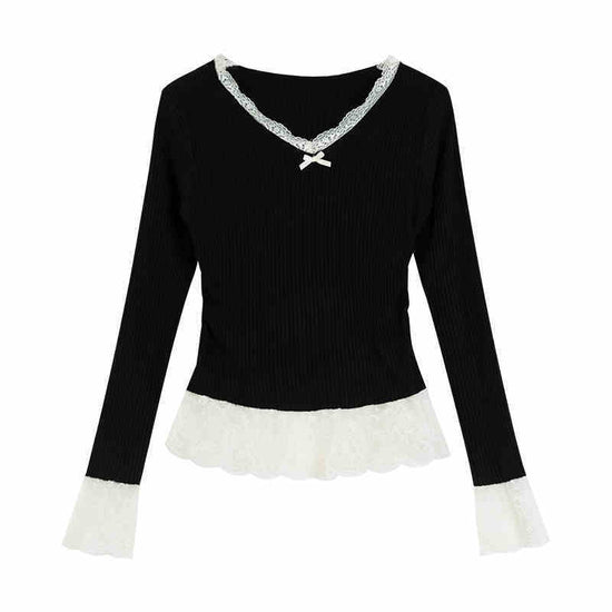 Fake Two Pieces V-neck Stitching Lace Lace Knitwear