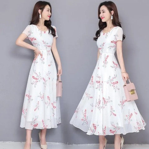 Fashionable Floral Short Sleeve Midi Dress Temperament