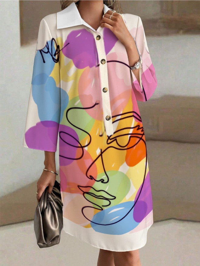 Autumn Half-sleeve Printed Loose And Elegant Shirt Dress
