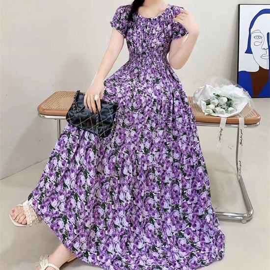 Cotton Silk Floral Korean Style Ladies Elegant Slim-fit Dress