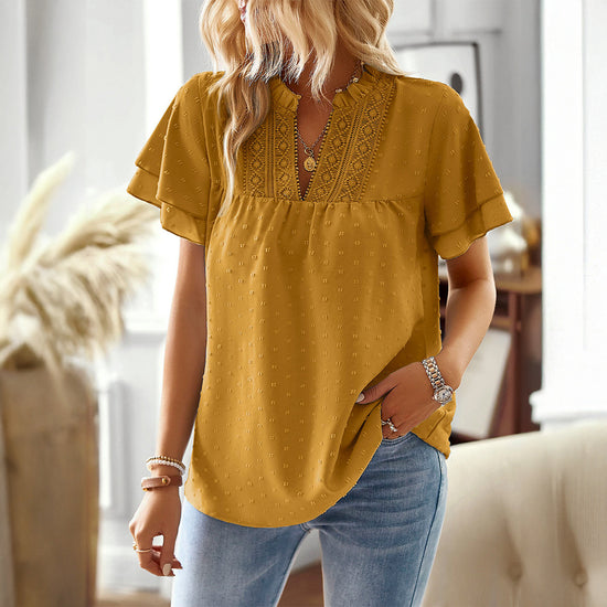 Holiday Casual Style Deep V Fluted Collar Shirt Women's Clothing