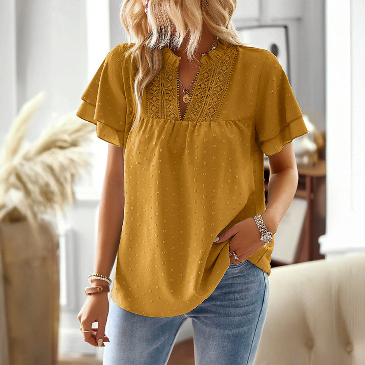 Holiday Casual Style Deep V Fluted Collar Shirt Women's Clothing