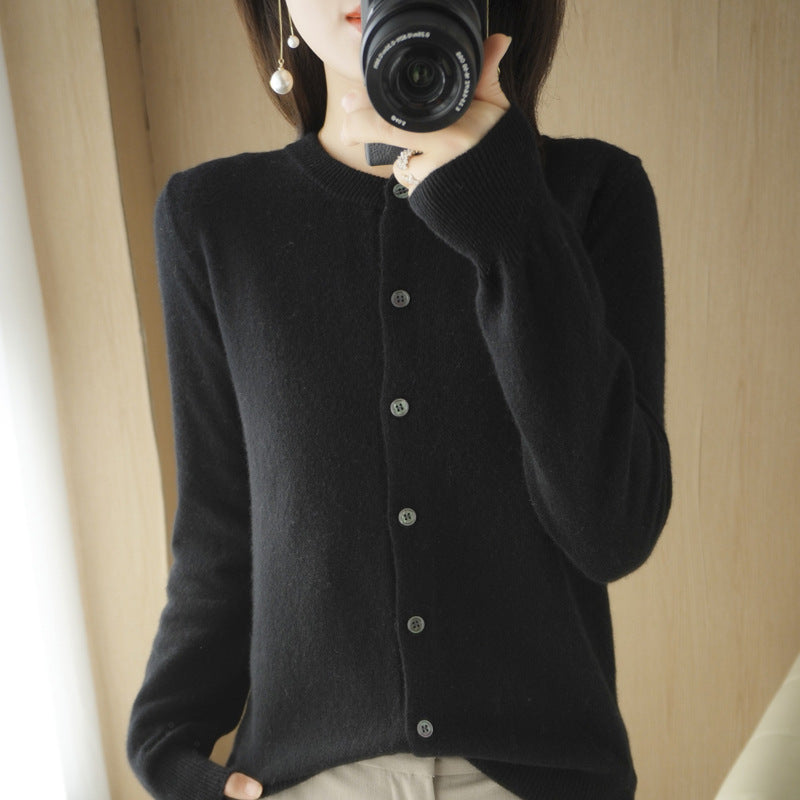 Backed Round Neck Knitted Cardigan Coat For Women