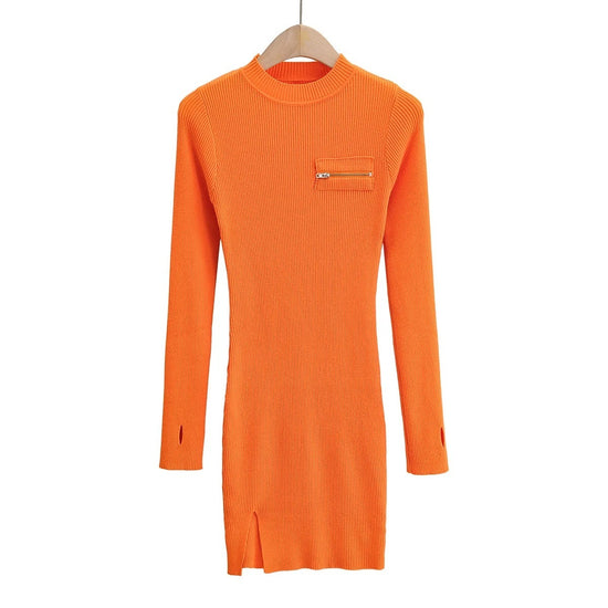 Chest ZipperSide Slit Dress Women's Long Sleeve Hip Skirt