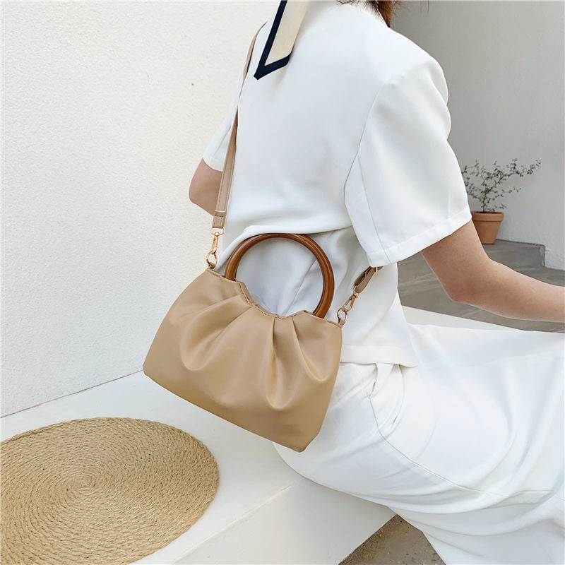 Minimalist New Fashionable Pleated Soft Leather Bag Women's Simple Pure Color All-matching Messenger Bag Wooden Handle Bag Fashion