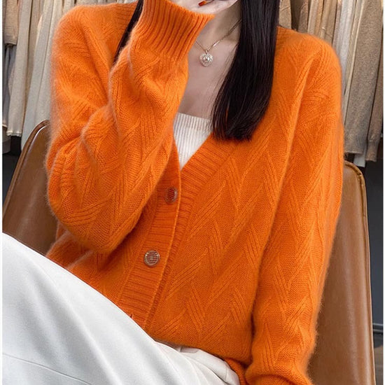 Knitted Wool Cardigan Women's V-neck Solid Color Baggy Coat