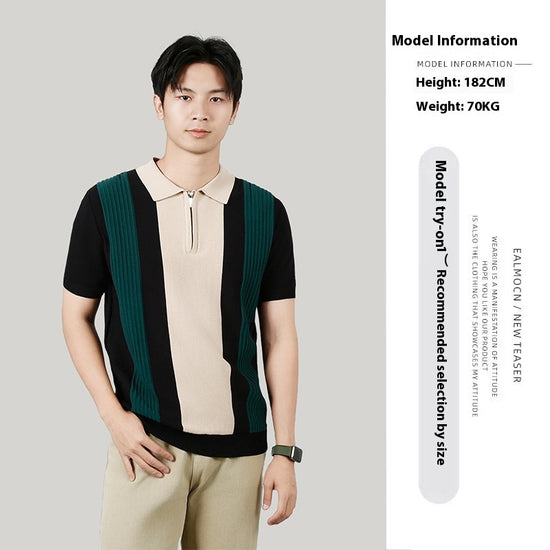Men's Summer Contrast Color Striped Stitching Advanced Knitted T-shirt