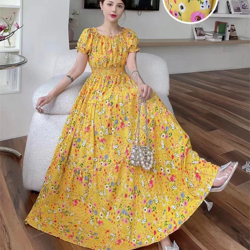 Cotton Silk Floral Korean Style Ladies Elegant Slim-fit Dress