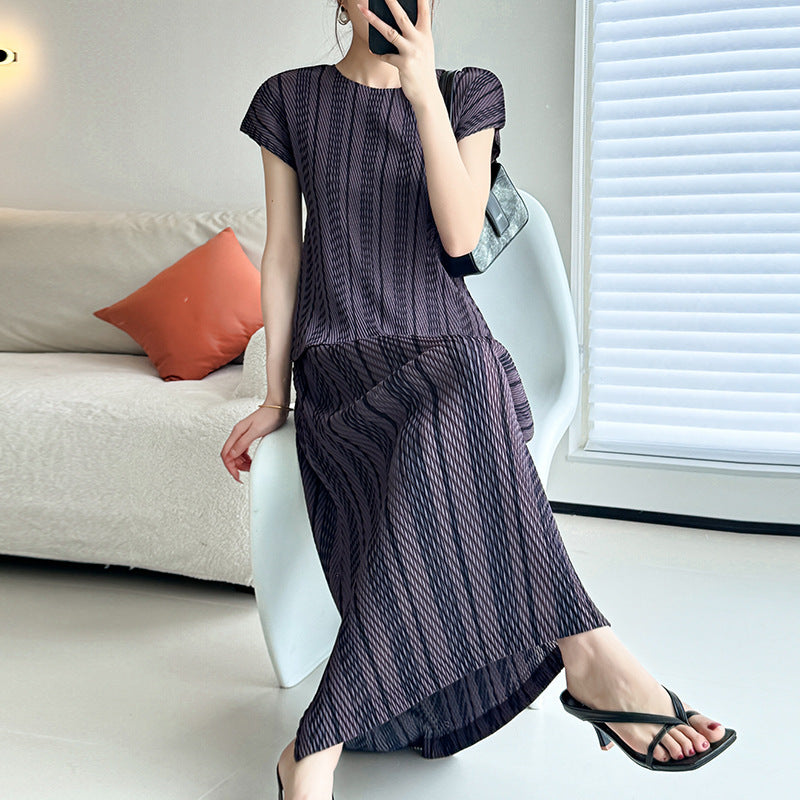 Pullover Round Neck Short Sleeve Scale Peplum Top Versatile Split Long Dress Skirt Suit