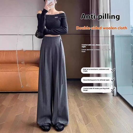 Gray Woolen Pants Women's Draping Thickened High Waist Slimming Loose