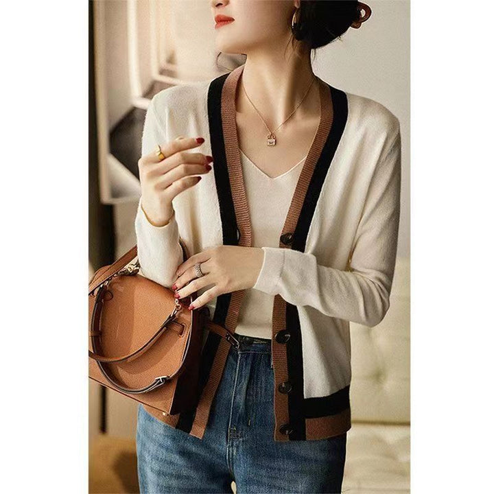 Color-block V Neck Cardigan Knitted Women's Long-sleeved Sweater Outer Tops
