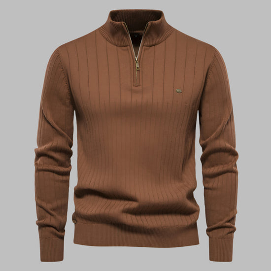 Men's Stand Collar Sweater Fashion Half-zipper Solid Color Striped Knit Sweater High Quality Slim Fit Top Clothing