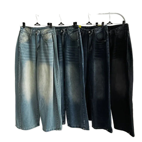 Washed Blue Wide-leg Jeans High Waist Loose Straight Long Pants