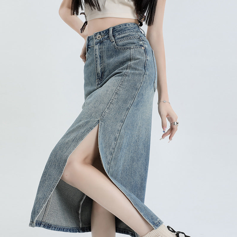 Women's Orange Silk Split Denim Skirt For Hot Girls Summer High Waist