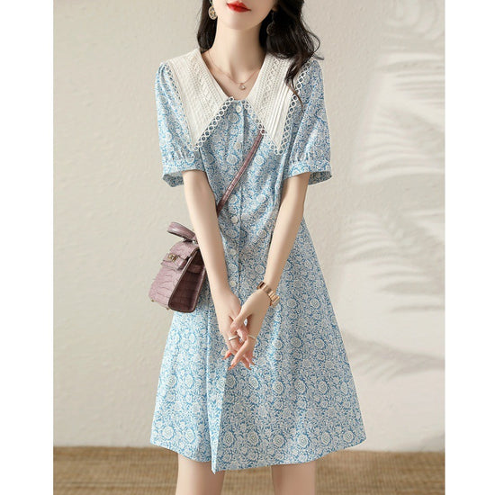 Summer New Fashion Temperament Waist-controlled Slimming Lapel Puff Sleeve Dress