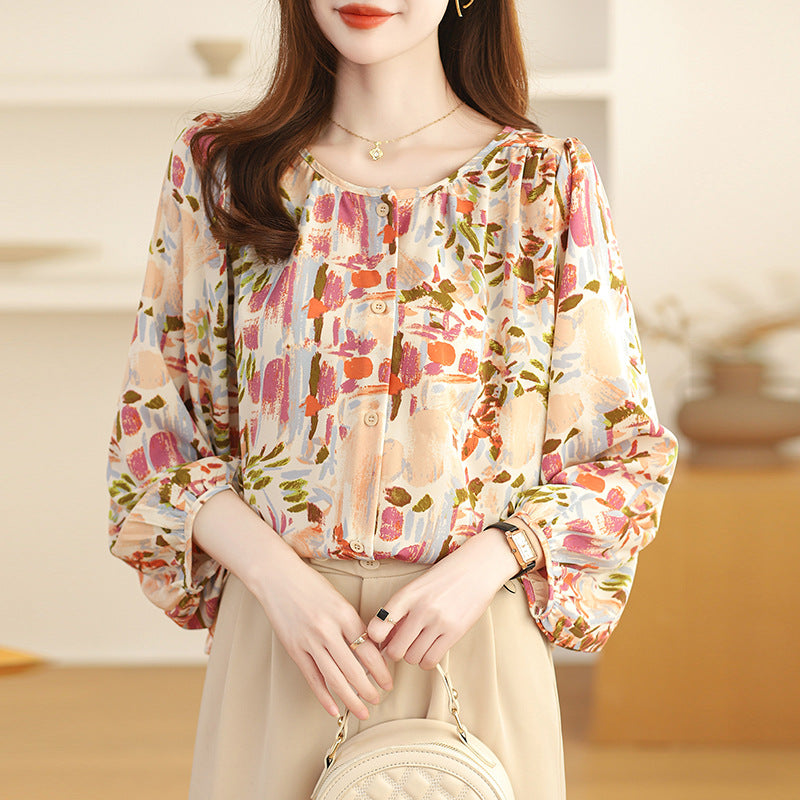 Real Shot French Style Vintage Floral Nine-quarter Sleeve Shirt For Women