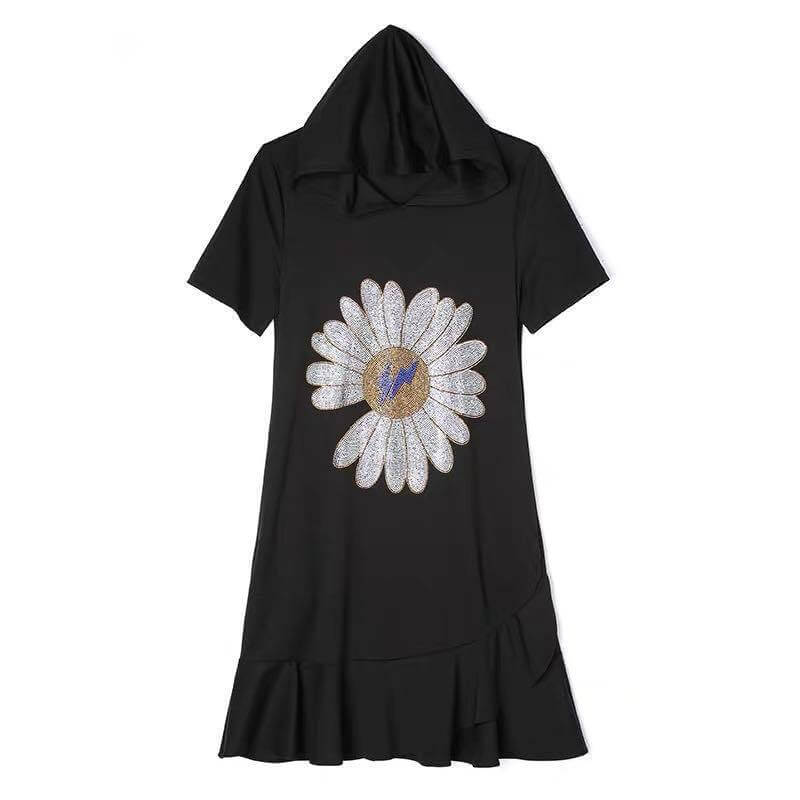 Women's Ruffled Fishtail Hooded Sweater Dress - Product information: Style: sweet Pattern: Printing Process: Printing/Dyeing Style: Basic Combination form: single piece Skirt length: short skirt Skirt type: lotus leaf skirt Collar type: scarf collar Sleev