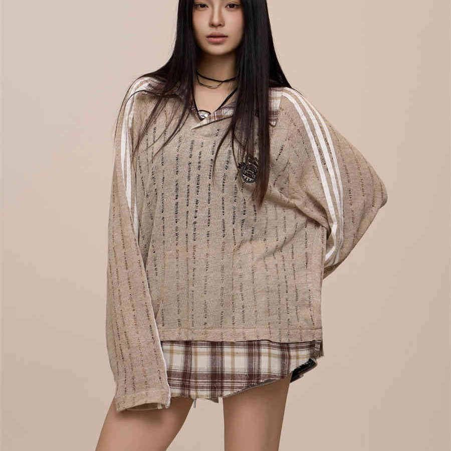 Hollow-out Fake Two-piece Long-sleeved Sweater