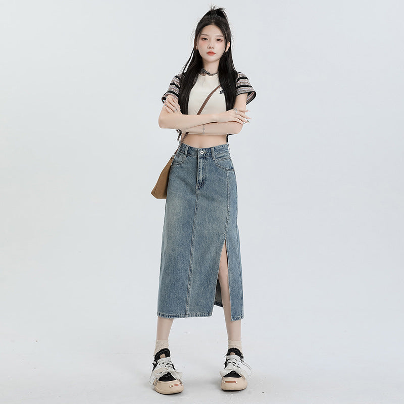 Women's Orange Silk Split Denim Skirt For Hot Girls Summer High Waist