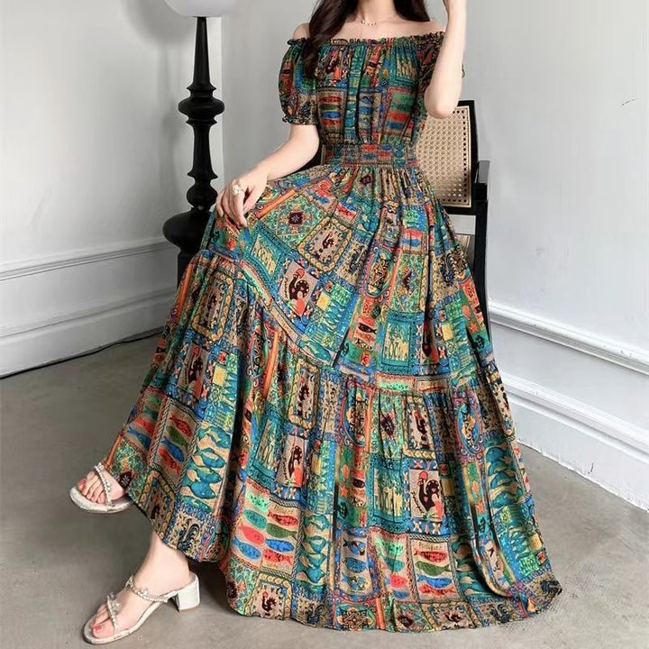 Cotton Silk Floral Korean Style Ladies Elegant Slim-fit Dress