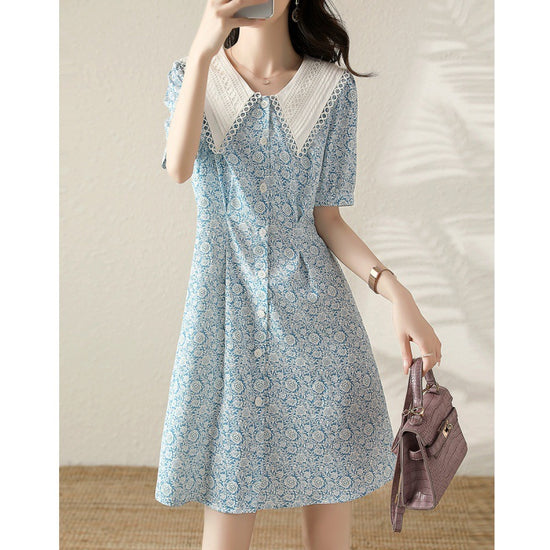Summer New Fashion Temperament Waist-controlled Slimming Lapel Puff Sleeve Dress