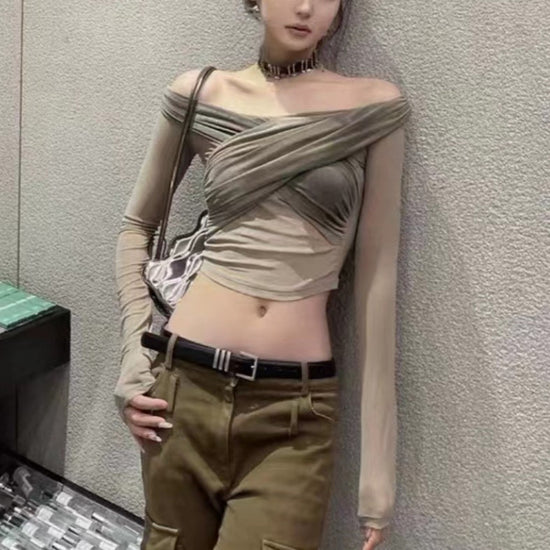 Women's Pleated Slim Fit Inner Wear Cross Off-shoulder T-shirt