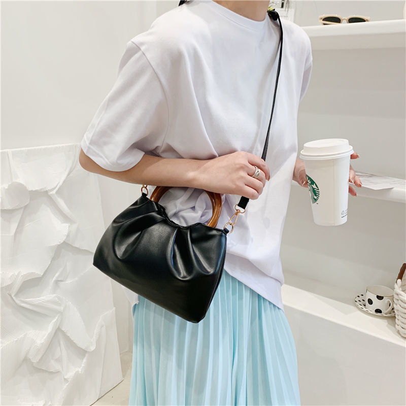 Minimalist New Fashionable Pleated Soft Leather Bag Women's Simple Pure Color All-matching Messenger Bag Wooden Handle Bag Fashion