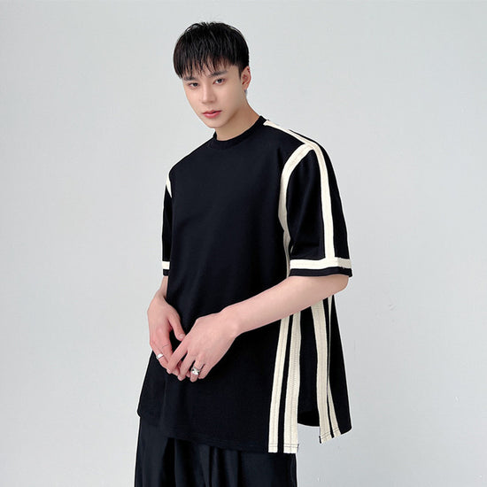 Black And White Paneled Contrast Web Stripe Short Sleeve T-Shirt