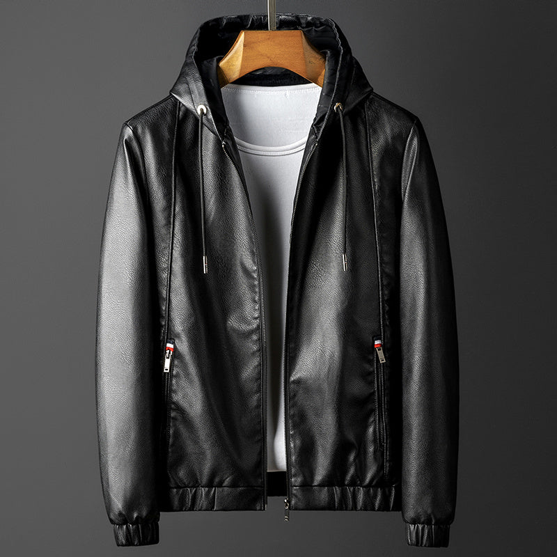 Slim-fit Hood Leather Men's Spring And Autumn Fashion Casual Leather Jacket