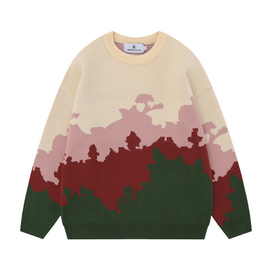 Color Contrast Patchwork Round Neck Sweater Men And Women Bf Idle Style